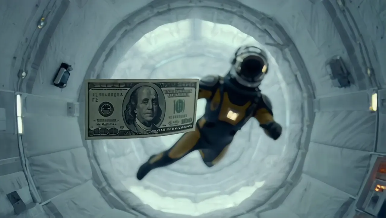 Un astronauta fluttua in una navicella e una banconota da cento dollari gli galleggia accanto (video creato con AI generativa)